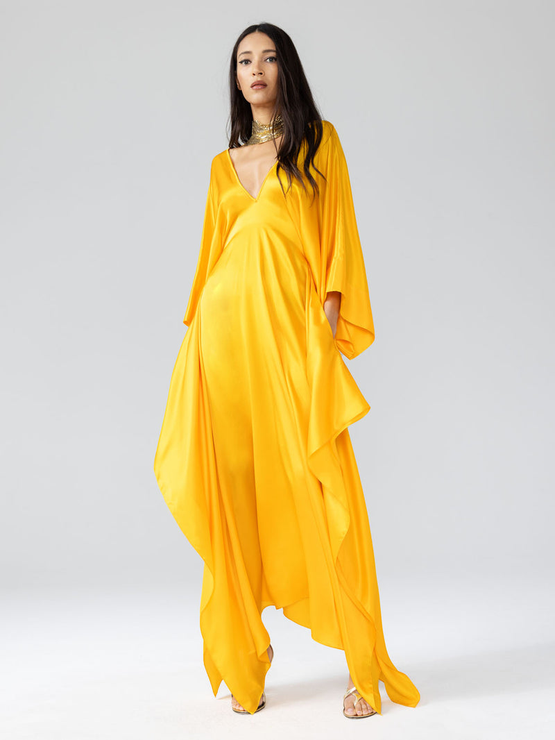 LONG DRESS WITH PRINCESS WAIST, V NECKLINE AND KIMONO SLEEVES